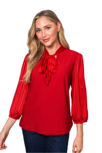 Women's Bishop Sleeve V Neck Tie Front Solid Top