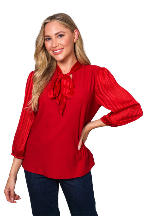 Women's Bishop Sleeve V Neck Tie Front Solid Top
