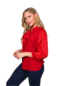 Women's Bishop Sleeve V Neck Tie Front Solid Top
