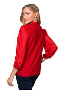 Women's Bishop Sleeve V Neck Tie Front Solid Top