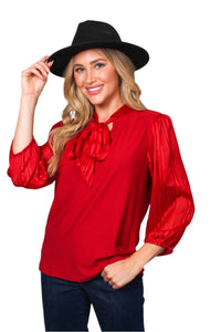Women's Bishop Sleeve V Neck Tie Front Solid Top