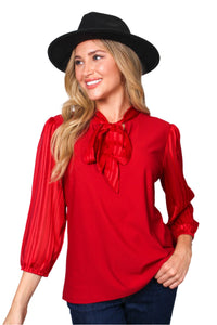 Women's Bishop Sleeve V Neck Tie Front Solid Top