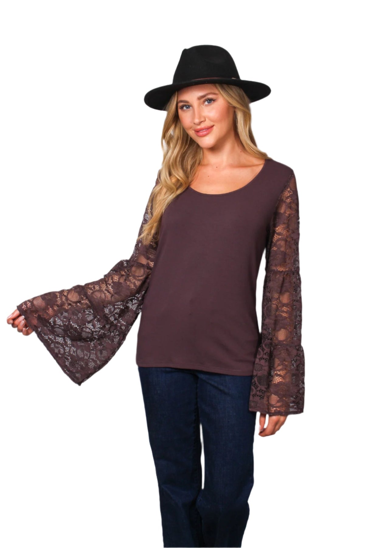 Women's Lace Long Sleeve Scoop Neck Solid Top