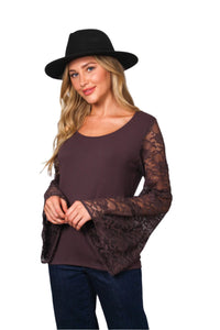 Women's Lace Long Sleeve Scoop Neck Solid Top