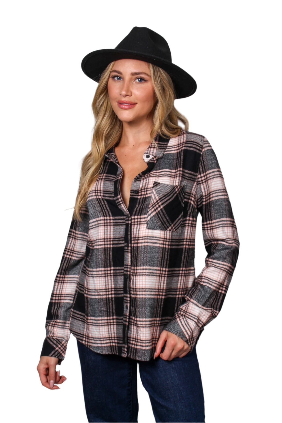 Women's Long Sleeve One Pocket Plaid Top