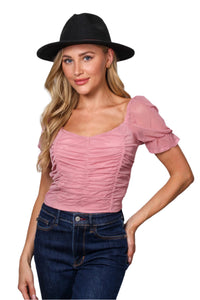 Women's Puff Sleeve Overall Ruched Mesh Top