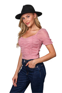 Women's Puff Sleeve Overall Ruched Mesh Top