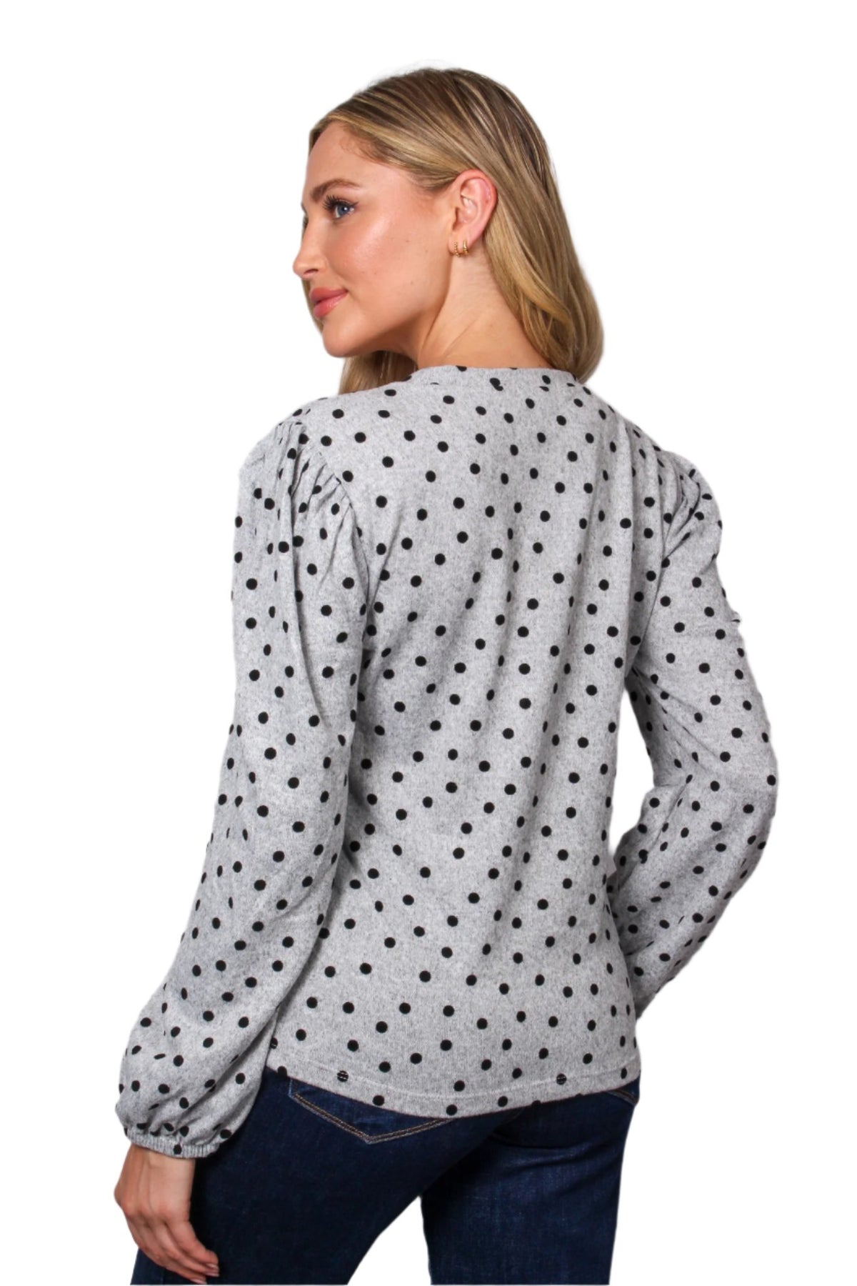 Women's Long Sleeve V-Neck Polka Dot Blouse Top