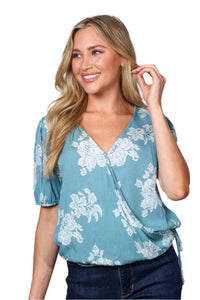 Women's Puff Sleeve V-Neck Drawstring Side Floral Crop Top