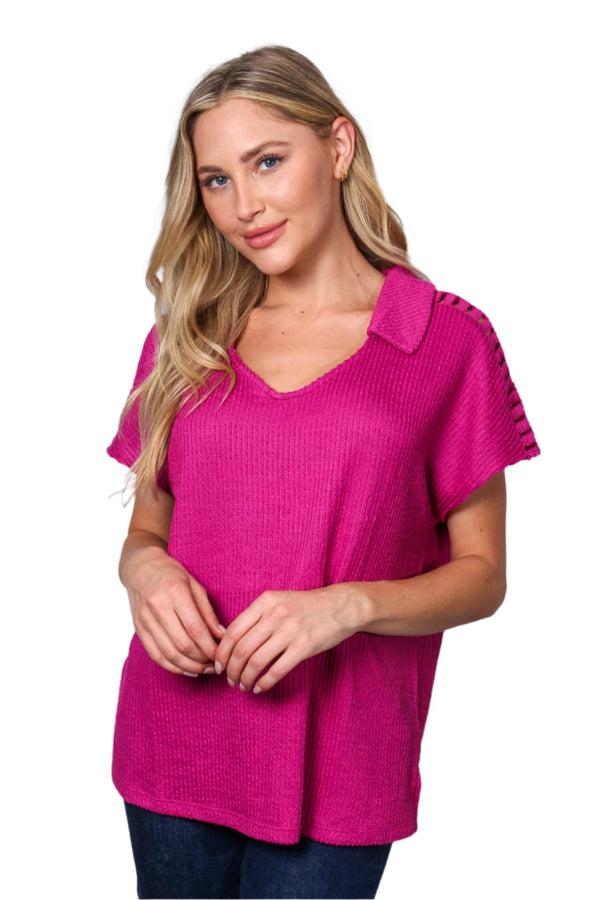 Women's Short Sleeve Collared V-Neck Knitted Blouse Top