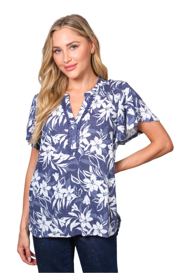 Women's Short Sleeve Lace V-Neck Floral Print Top