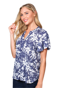 Women's Short Sleeve Lace V-Neck Floral Print Top
