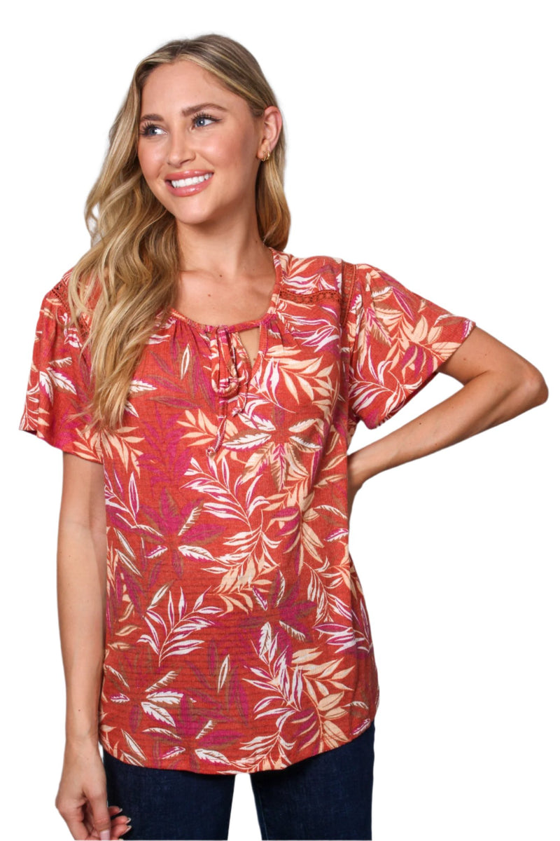 Women's Short Sleeve Tie Front Bamboo Print Top