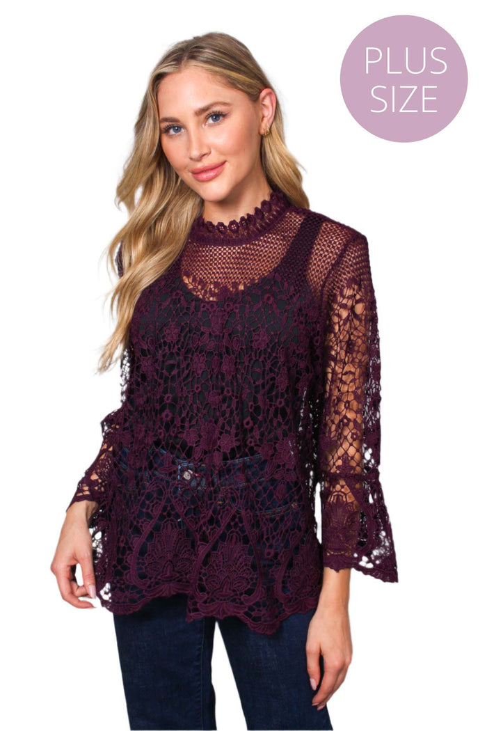 Women's  Long Sleeve Zip Up Lace Embroidered Top