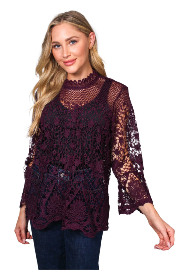 Women's  Long Sleeve Zip Up Lace Embroidered Top