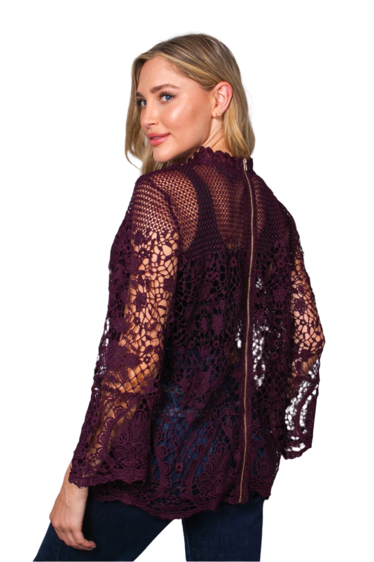 Women's  Long Sleeve Zip Up Lace Embroidered Top
