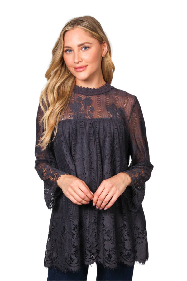 Women's Long Sleeve Zip Up Lace Embroidered Top