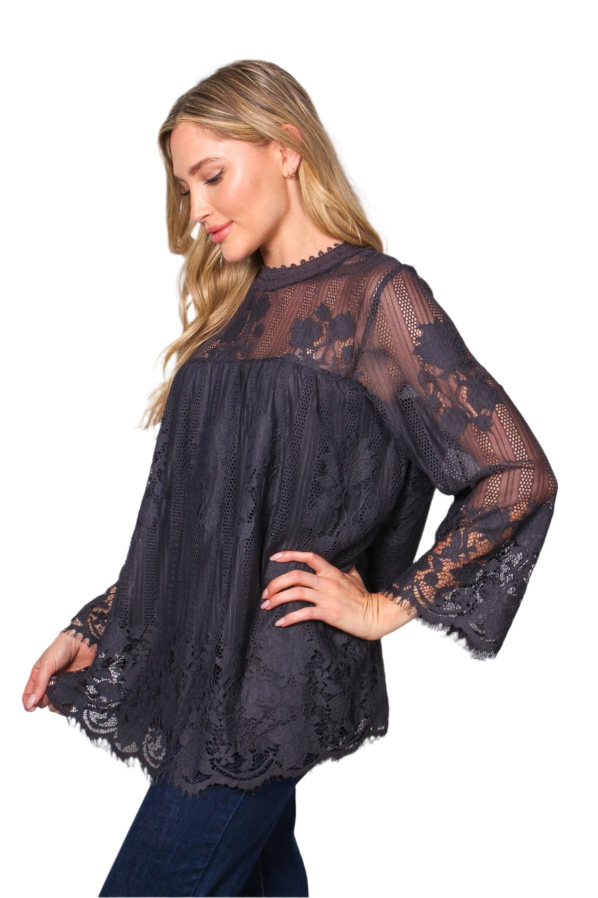 Women's Long Sleeve Zip Up Lace Embroidered Top