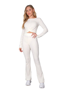 Women's Front Knot Waffle Crop Top & High Waist Knitted Pants Set