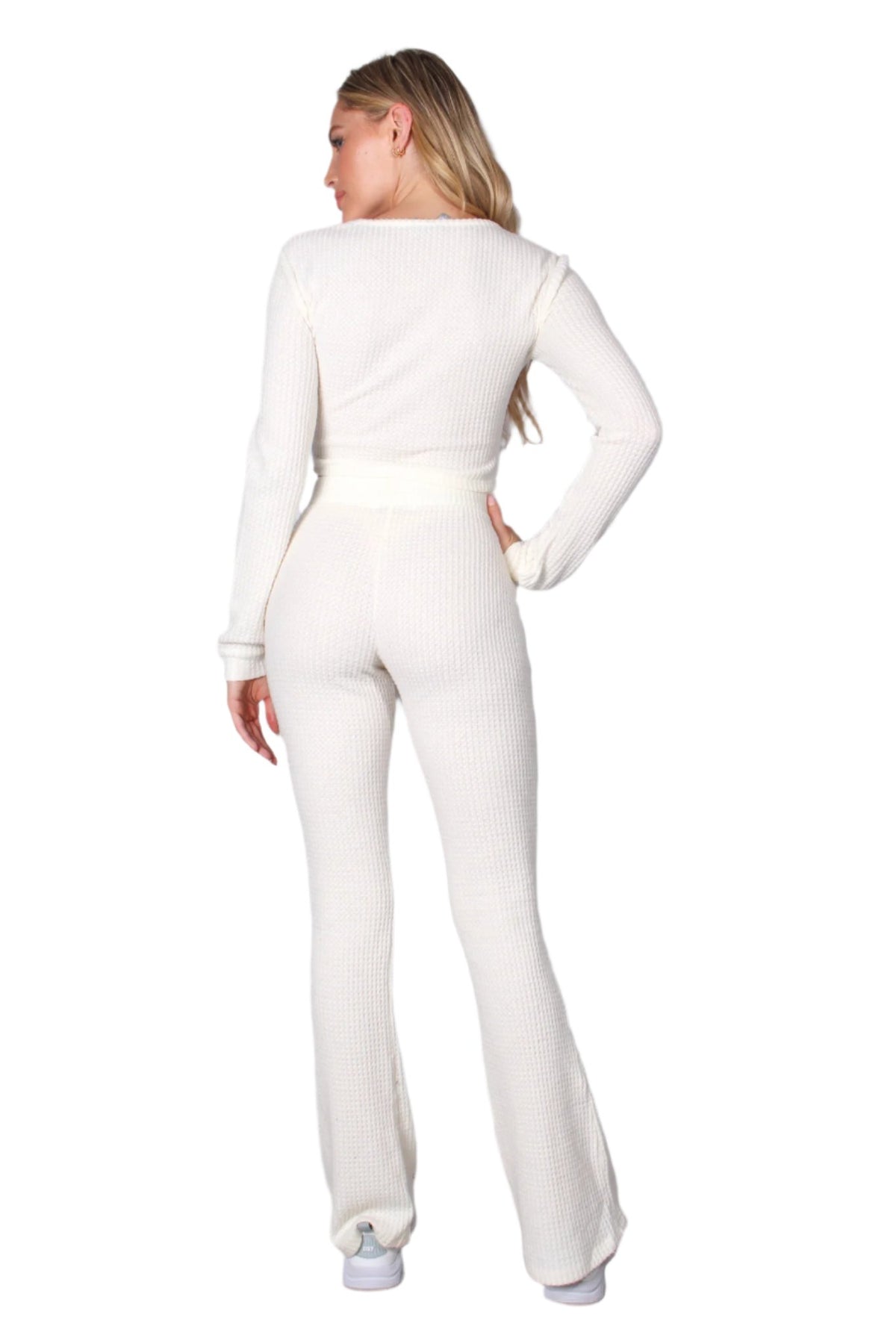 Women's Front Knot Waffle Crop Top & High Waist Knitted Pants Set