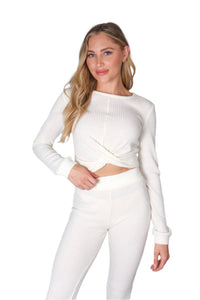 Women's Long Sleeves Front Knot Waffle Crop Top