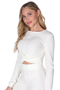 Women's Long Sleeves Front Knot Waffle Crop Top