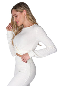 Women's Long Sleeves Front Knot Waffle Crop Top