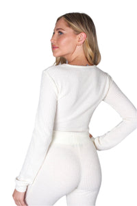 Women's Long Sleeves Front Knot Waffle Crop Top