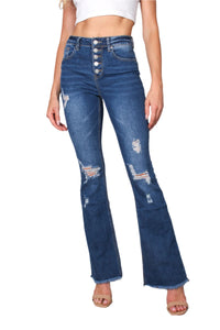 Women's High Waist Five Buttons Tattered Flare Jeans