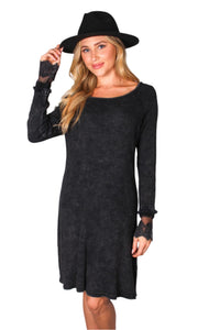 Women's Long Sleeve Round Neck Lace Detail Waffle Dress