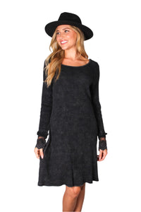 Women's Long Sleeve Round Neck Lace Detail Waffle Dress