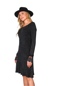 Women's Long Sleeve Round Neck Lace Detail Waffle Dress