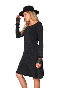 Women's Long Sleeve Round Neck Lace Detail Waffle Dress
