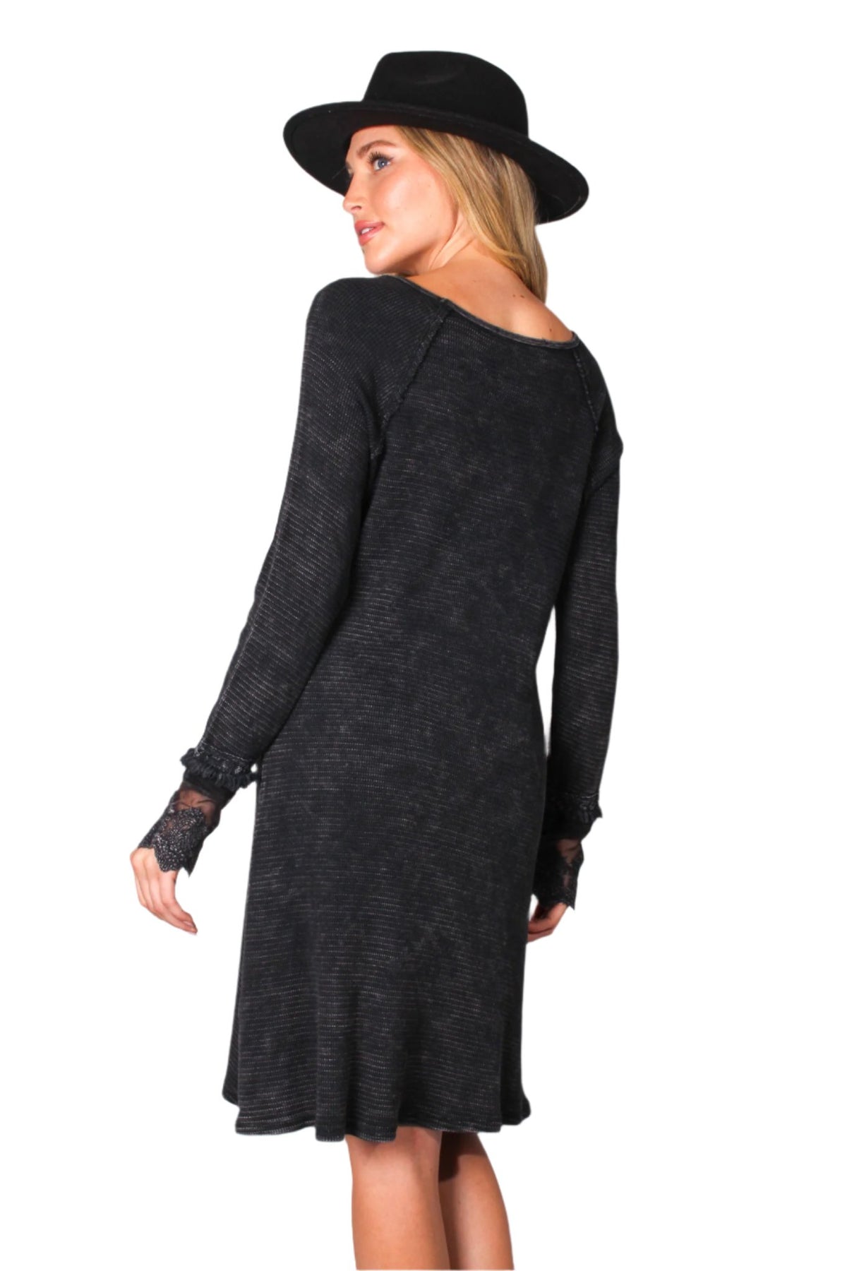 Women's Long Sleeve Round Neck Lace Detail Waffle Dress