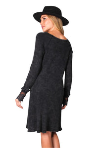 Women's Long Sleeve Round Neck Lace Detail Waffle Dress