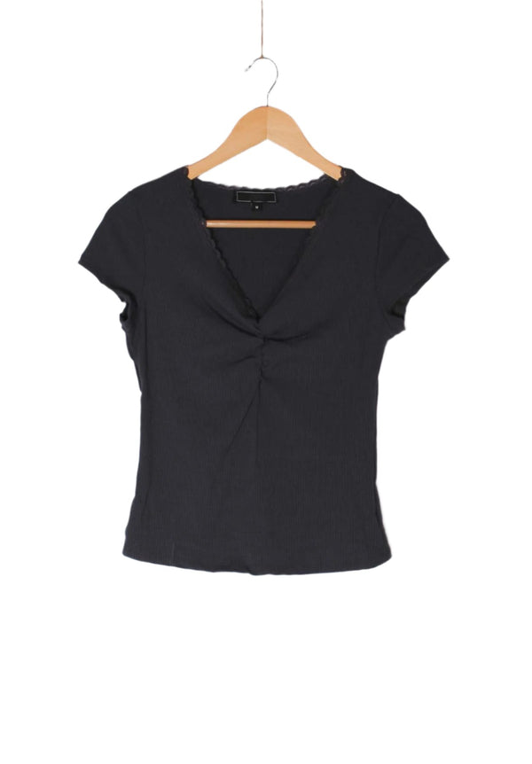 Women's Short Sleeve Lace V-Neck Ribbed Crop Top