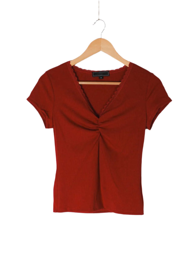 Women's Short Sleeve Lace V-Neck Ribbed Crop Top