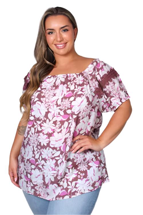 Women's Plus Short Sleeve Floral Print Peasant Top