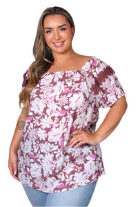 Women's Plus Short Sleeve Floral Print Peasant Top