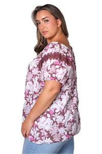 Women's Plus Short Sleeve Floral Print Peasant Top