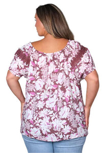 Women's Plus Short Sleeve Floral Print Peasant Top