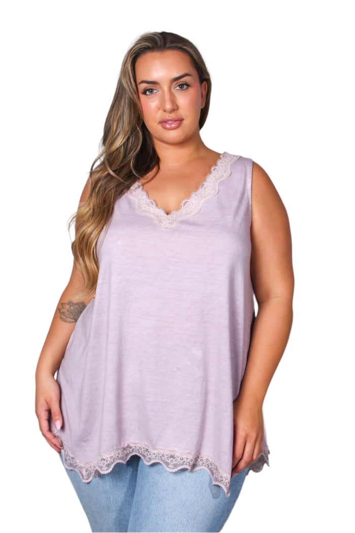 Women's Plus Sleeveless Lace Neck & Hem Detail Top