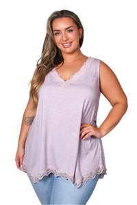 Women's Plus Sleeveless Lace Neck & Hem Detail Top