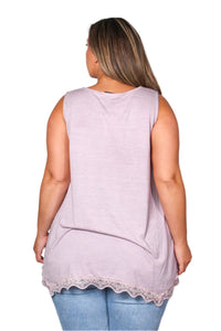 Women's Plus Sleeveless Lace Neck & Hem Detail Top