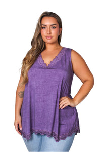 Women's Plus Sleeveless Lace Neck & Hem Detail Top
