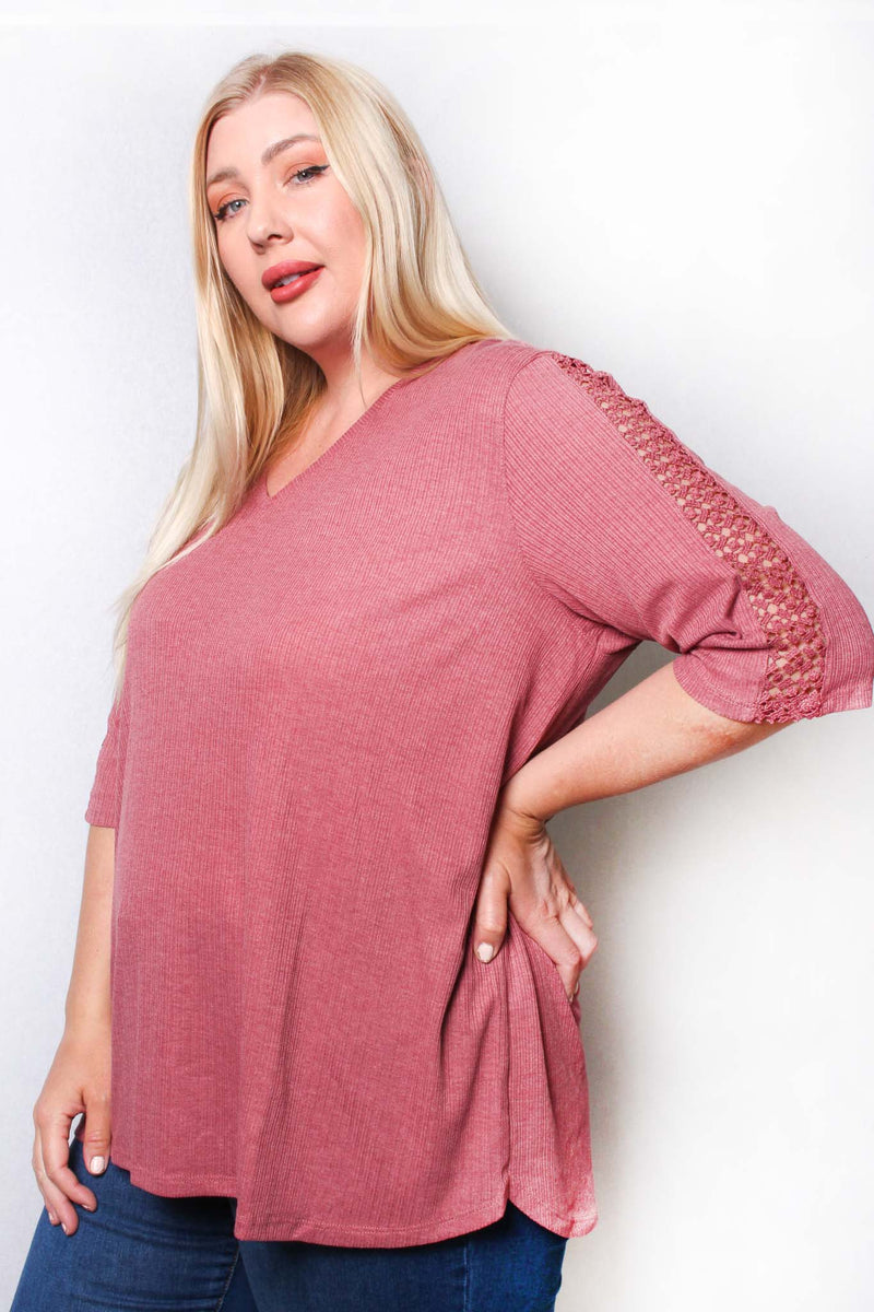 Women's Plus Lace Sleeve V Neck Ribbed Top