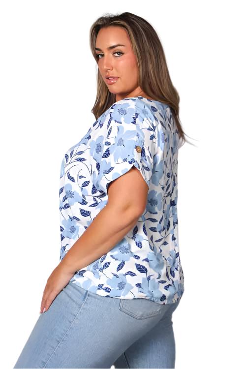 Women's Plus Short Sleeve Drawstring Hem Floral Top