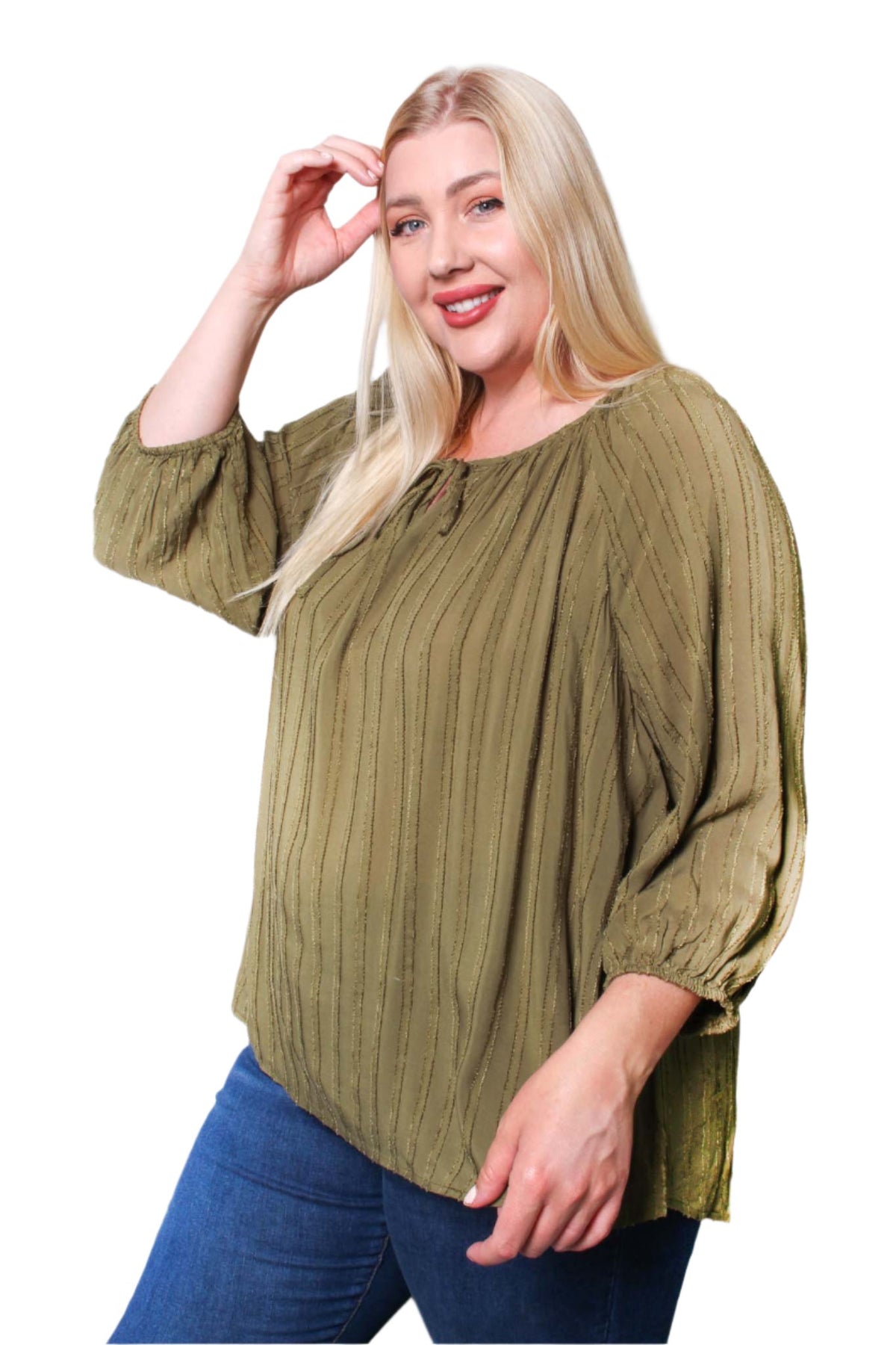 Women's Plus 3/4 Sleeve V Neck Drawstring Ribbed Top