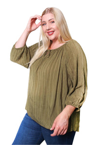 Women's Plus 3/4 Sleeve V Neck Drawstring Ribbed Top