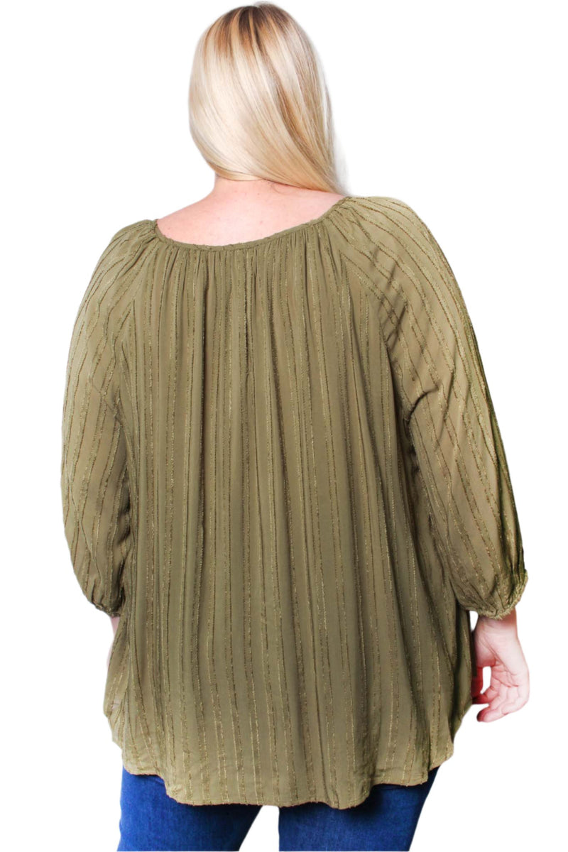 Women's Plus 3/4 Sleeve V Neck Drawstring Ribbed Top